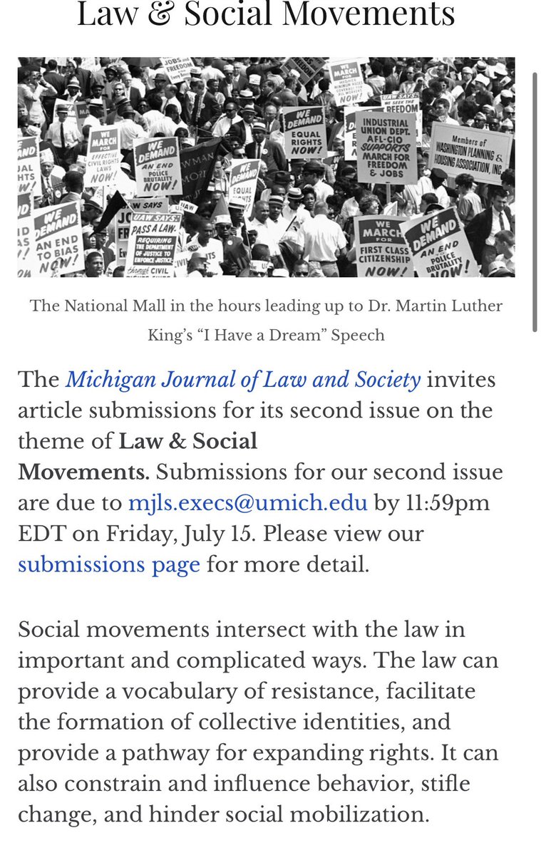 Mlawandsociety's tweet photo. MJLS is thrilled to announce the #CFP for our second issue, on Law & Social Movements. Deadline July 15, for more info visit our website or email MJLS.execs@umich.edu https://t.co/f4egC6EbzL