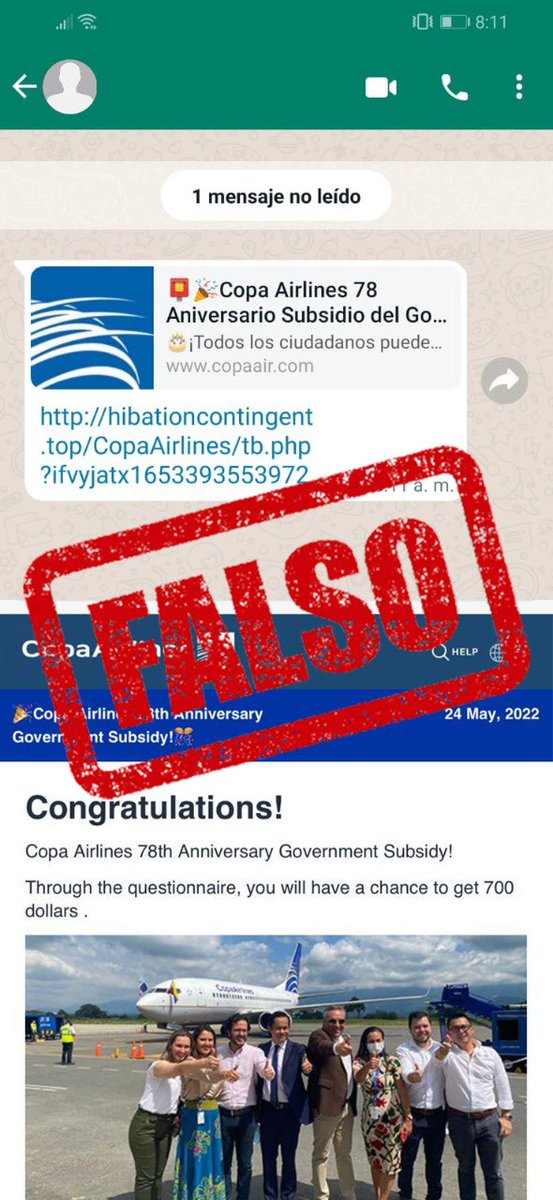 CopaAirlines's tweet photo. #IMPORTANTE: Copa Airlines informa que esta supuesta promoción que circula por redes sociales es FALSA.  Evita fraudes vía mensajes o llamadas y utiliza nuestros canales oficiales de comunicación. 
#CopaAirlines https://t.co/2IbXfLDEbo