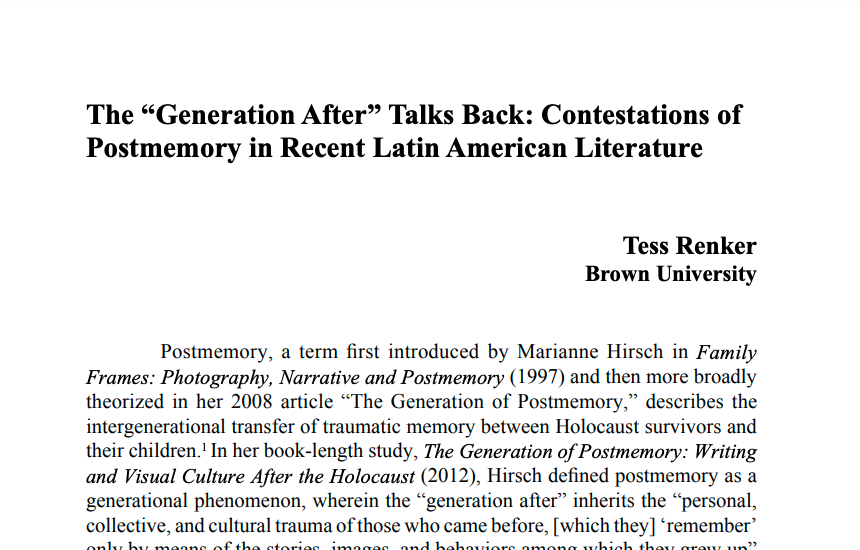 TessRenker's tweet photo. I'm happy to share that my article on contestations of postmemory in recent Latin American literature is out in Chasqui! I look at "novels" by José Carlos Agüero, @ambliopia and Alejandro Zambra to think about what it means to write as an "hijo" in the 21st century. https://t.co/8wppa65nSi