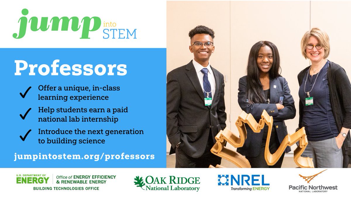 Professors! Give your students a chance to win a 10-week, paid internship at a <a href="/ENERGY/">U.S. Department of Energy</a> National Lab. #JUMPintoSTEM is a #buildingscience competition that you can integrate into coursework as a real-world learning experience. Learn more! >>> bit.ly/3sjrepc