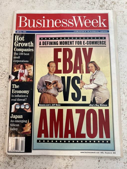 TickerHistory's tweet photo. On this day in 1999 eBay $EBAY and Amazon $AMZN faced off on the front cover of Business Week

1999 market cap
Ebay: $25B
Amazon: $22B

2022 market cap
Ebay: $27B
Amazon: $1.1T https://t.co/qpiqWW1DNN
