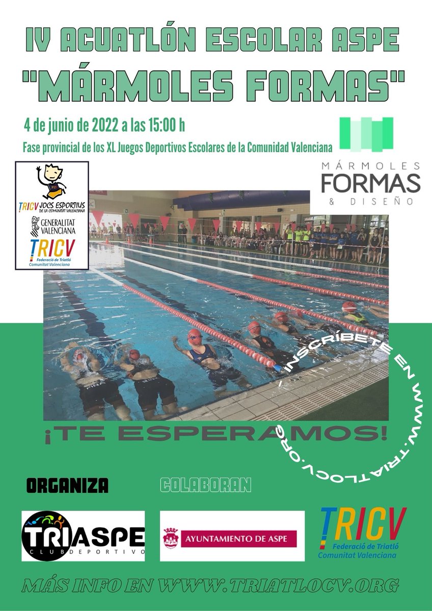 Vuelve de nuevo el 4 Acuatlón a Aspe gracias a Mármoles Formas y Diseño. Este sábado día 4 a las 15 horas en el Pabellón Municipal de Deportes 🏊‍♂️ 🏃‍♂️