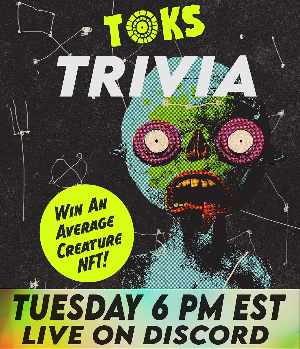 THETOKSNFT's tweet photo. Don’t miss tonight’s #TOKS TRIVIA #Livestream starting @ 6Pm EST. This week’s winner 🏆 walks with a #NFT from one of our favorite #pfp projects @AvgCreatures! Join the party 🎉 at https://t.co/emX8LVLrKf or use our discord link in bio!🖖👽💫#NFTCommunity #NFTGiveaway #TOKSinvade https://t.co/UnvSYAfzG6