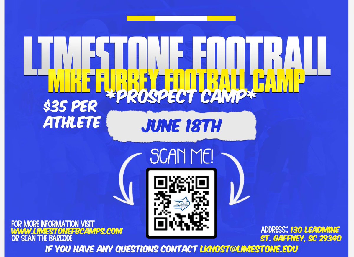 🚨🚨 Prospect Camp is less than 3 weeks away! Don’t forget to sign up and secure your spot! Over 45yrs of NFL experience on our staff to Coach you up and learn! Register: limestonefbcamps.com Can’t wait to see you there!!!⚜️🏈