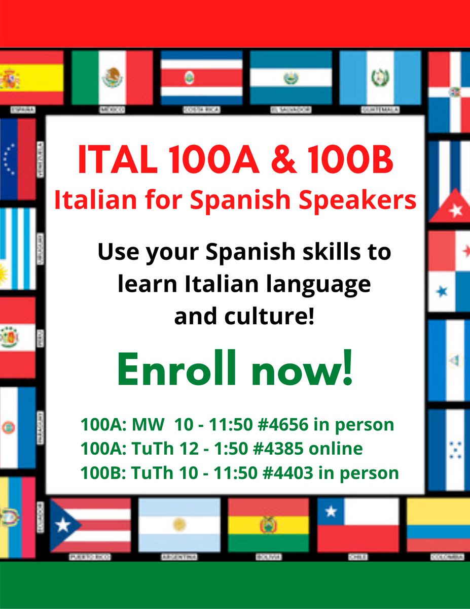Do you speak Spanish? Interested in learning Italian? Use your language skills to learn Italian…es facil? È facile? Enroll in Fall Ital 100A (1st sem) or 100B (2nd sem) today!!
#csulb #rgrll #graziadiocenter #italianoespagnolo #italianoyespañol