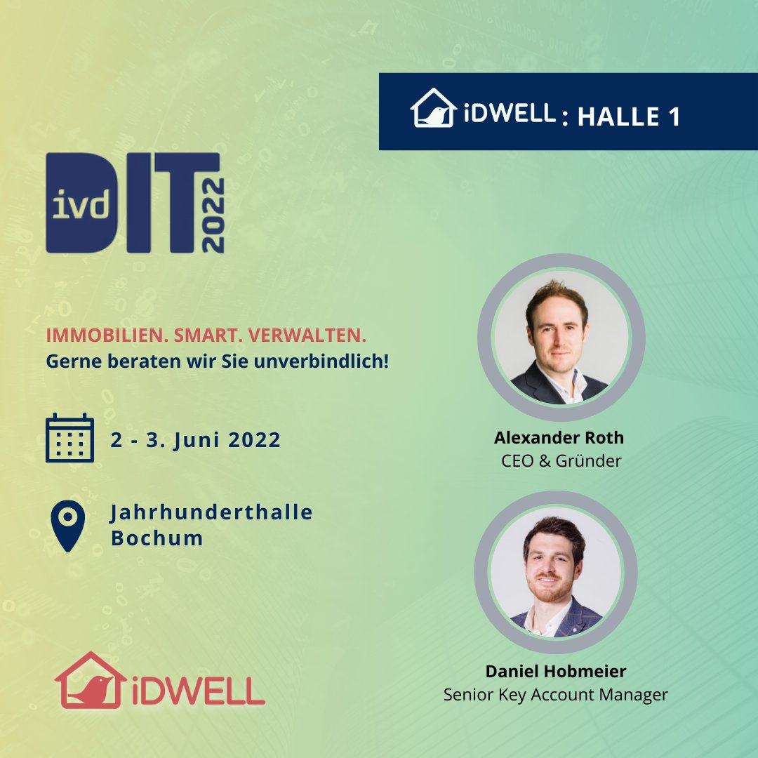 idwell's tweet photo. Bochum wir kommen! Wir freuen uns, am 2. und 3. Juni beim Deutschen Immobilientag des IVD dabei zu sein.⁠
#dit2022 #PropTech https://t.co/Gh6kIAOwZn