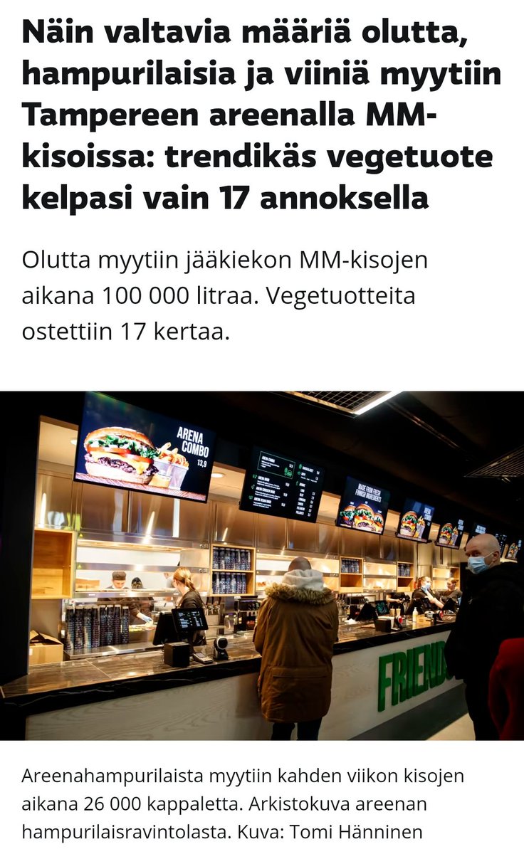 SamuHaa's tweet photo. Vegaanit ei käy jäähallilla, tai sitte ne pitää taukoa ottelujen aikana. 26000 hampparia ja vain 17 vegeannosta. 😅🤣 #vegaani #kukkakaalipirtelö #burgerit #mmkisat2022 #mmkisat https://t.co/yZTAgMeQzu