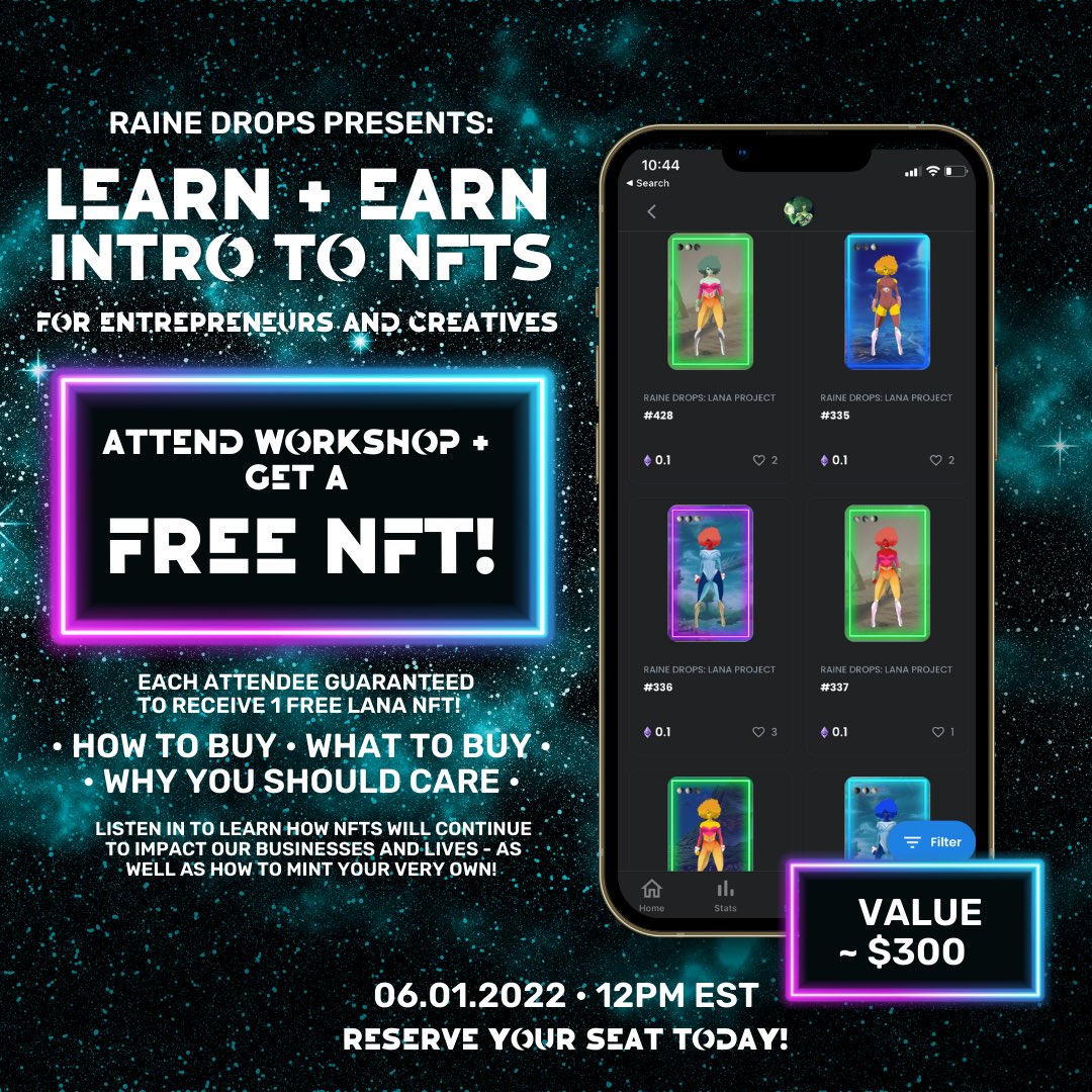 📣Don’t miss out!! TOMORROW, Raine Drops is hosting an Educational Workshop!
🌗🌒🌘
LEARN and EARN a FREE Lana NFT!!

Get Your Tickets Now! Link in bio 

#rainedropsnfts #lanaprojectnft
