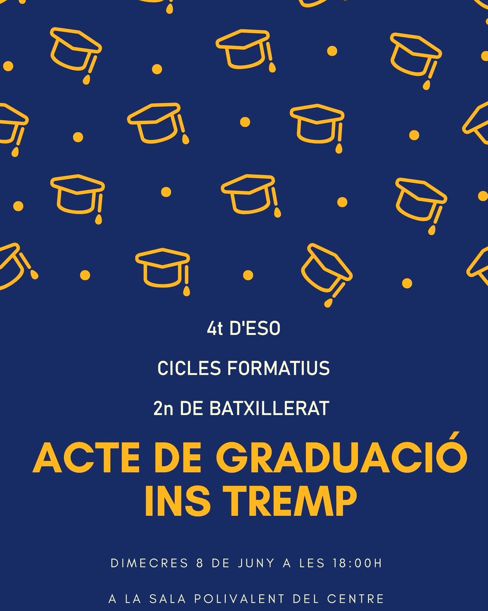 ins_tremp's tweet photo. 🎓 Dimecres dia 8 de juny a les 18:00 celebrarem l'acte de graduació de l'alumnat de 4t d'ESO, 2n de batxillerat i segons cursos de Cicles Formatius.
👨🎓👩🎓
#INSTremp #Orles #Graduació https://t.co/AaOLHuTMNn