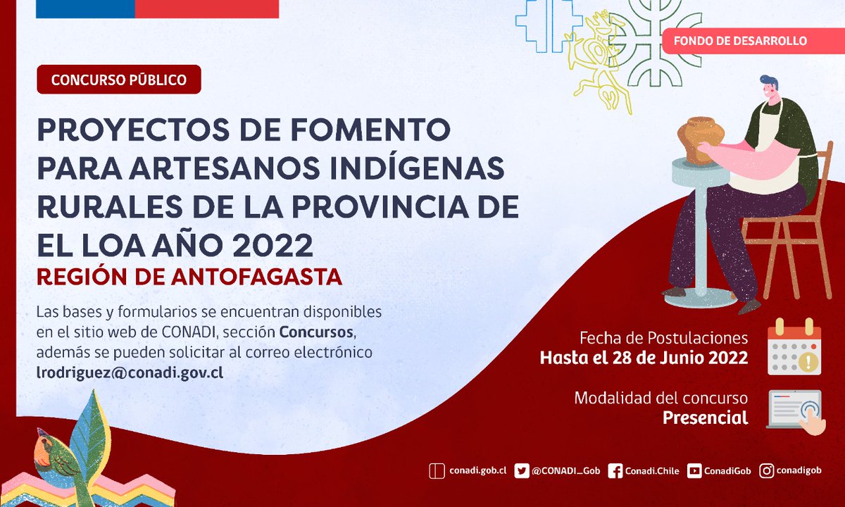 ⚠ATENCIÓN⚠ Hasta el 28/Junio🗓️se puede postular al concurso de CONADI que financia proyectos de fomento de artesanía indígena en la Provincia de #ElLoa Región de #Antofagasta ℹ️ Más información en👉 conadi.gob.cl Sección "Concursos" #ChileApoya