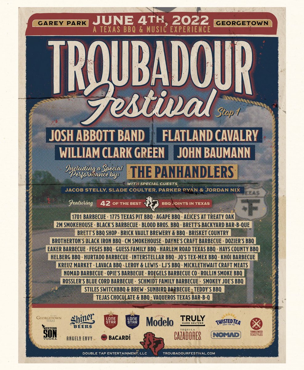 smokeyjoesbbq_'s tweet photo. 🚨 TWITTER GIVEAWAY 🚨

4 Tickets to TROUBADOUR fest in 
Georgetown, TX 📍

Tickets include : Sample foods to all 42 BBQ vendors &amp; Access to the concert Josh Abbott &amp; Flatland

FAV or RT this post and we will pick winners 👍🏼

( Make sure to Follow us so we can get your info.) https://t.co/ruWlfVy0Kg