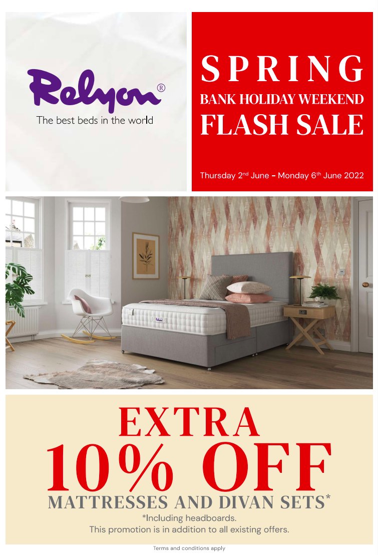 DLivingND's tweet photo. If you'd like a new comfortable #bed then we've got the offer for you - enjoy 10% of Relyon beds from the 2nd - 6th of June 🛏

Please note, our showroom is only open on the 4th of June during this period so be sure to pop in and see us then to make use of this fantastic offer ✅ https://t.co/CEF6HHTHBI