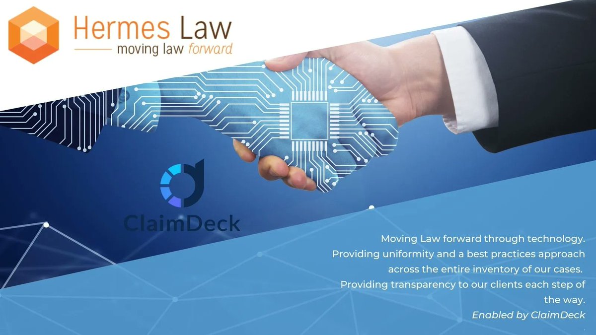 hermes_law's tweet photo. We are excited to announce our partnership with ClaimDeck.  If you would like to learn more about how we are using @claimdeck to deliver our services to you and drive significant efficiencies into the Litigation process,  contact rebecca@hermes-law.com.
 #insurte… https://t.co/JGm2uLXuW8