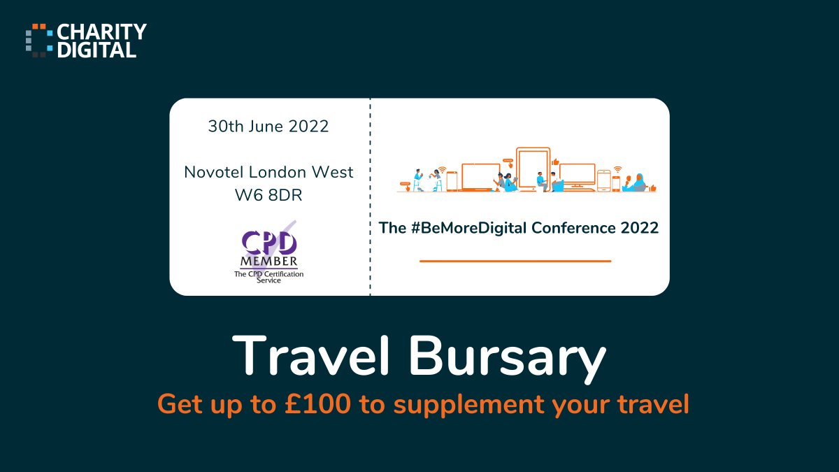 CharityDigiOrg's tweet photo. #BeMoreDigital travel bursary 2022 π
To make our #CharityConference accessible for all UK organisations, we're offering each non-London #charity up to Β£100 to supplement the travel for their employees attending the #BeMoreDigital Conference
Apply now at https://t.co/ss7ZqXvxIG https://t.co/lUURgdCnsU