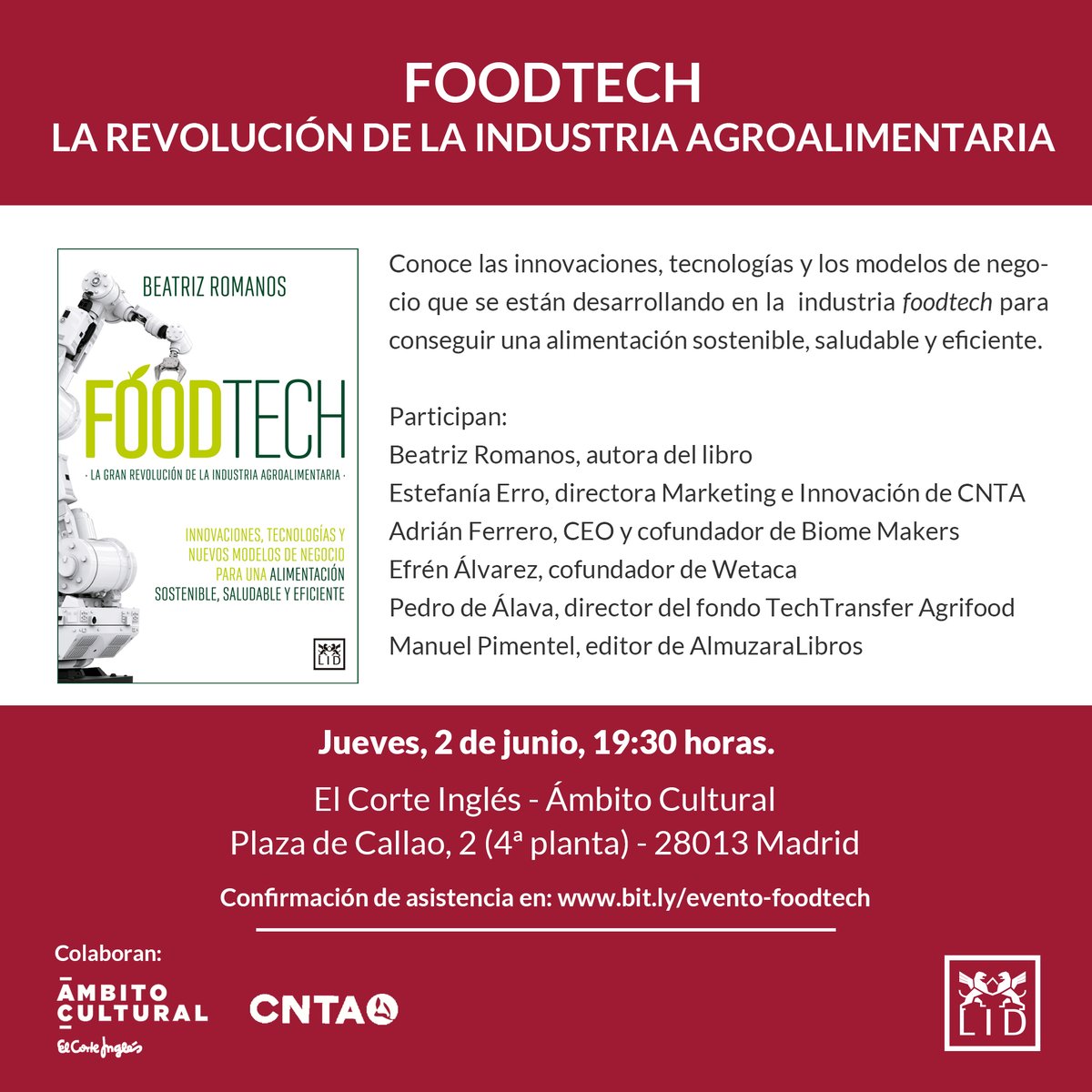 ¿Por qué se ha convertido la industria #Foodtech en uno de los mayores focos de innovación y emprendimiento? Descúbrelo este jueves con <a href="/beatrizromanos/">Beatriz Romanos</a> en la presentación de #FoodtechLibro
🗓️ 2 de junio
🕐 19:30 h.
📍<a href="/ambitocultural/">Ámbito Cultural</a> Callao, 2 #Madrid 

lideditorial.com/noticias/0206-…