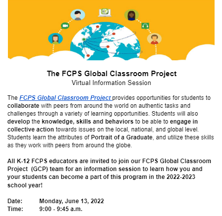 FCPS_GCP's tweet photo. Global Classroom Project (GCP) Information Session for FCPS educators:
✅June 13th 9-9:45
✅Link to Register: https://t.co/WOqIgSqEbA

Join us to learn more about this FCPS program &amp; its impact on teachers and students. 🌏👇 https://t.co/bVrINNMxUC