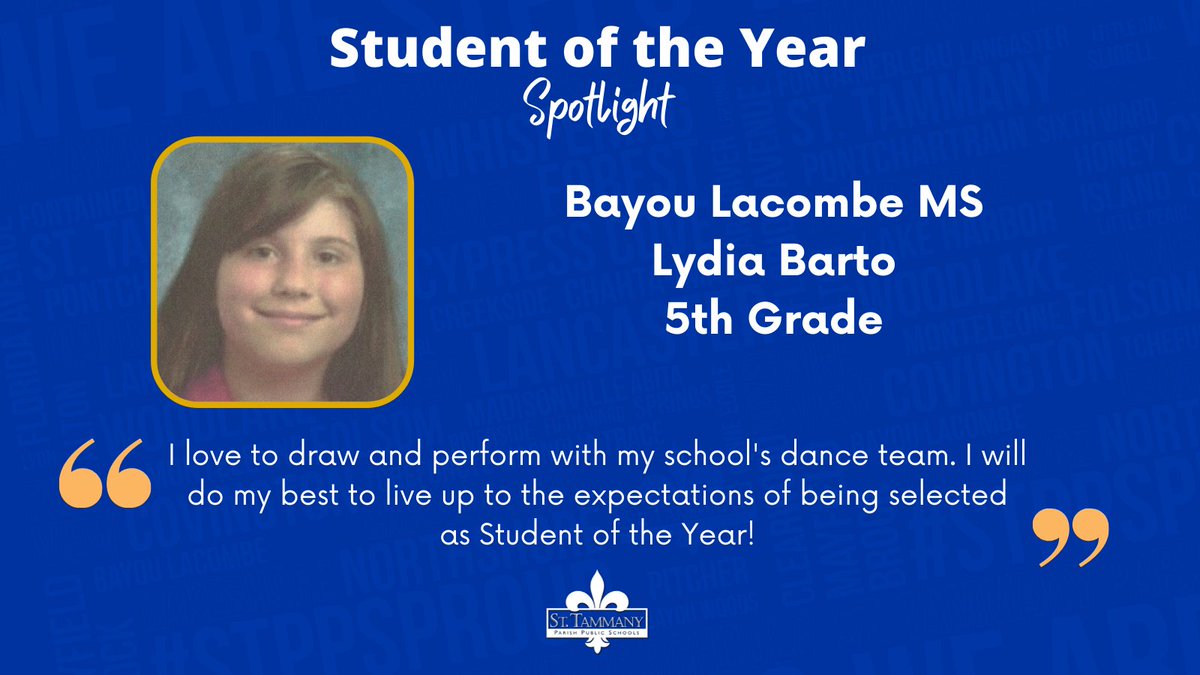 stppschools's tweet photo. ✏️ Student of the Year Spotlight 📚

Lydia from Bayou Lacombe Middle is a member of Student Council and enjoys painting with acrylic and oil.

#OneTeamSTPPS https://t.co/lzmlosI2NH