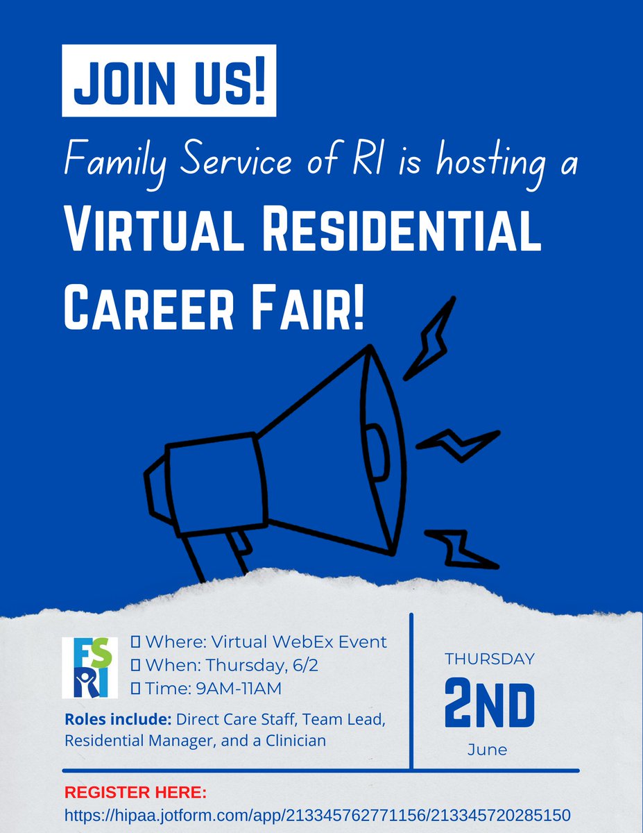 Family Service of Rhode Island is hosting a Virtual Career Fair on Thursday 6/2/2022 from 9:00-11:00AM. Register here: hipaa.jotform.com/.../2133457627…