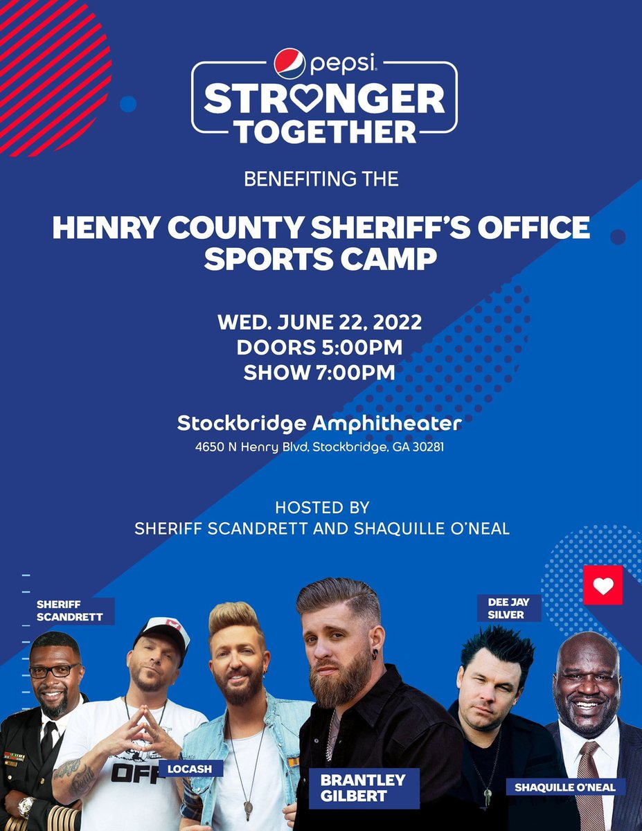 🎵 @BrantleyGilbert, @Locashmusic, and @DeeJaySilver1 fans - listen up! Join us, @Shaq and Sheriff Scandrett for this exciting show at the Stockbridge Amphitheater on June 22! Who's joining us?