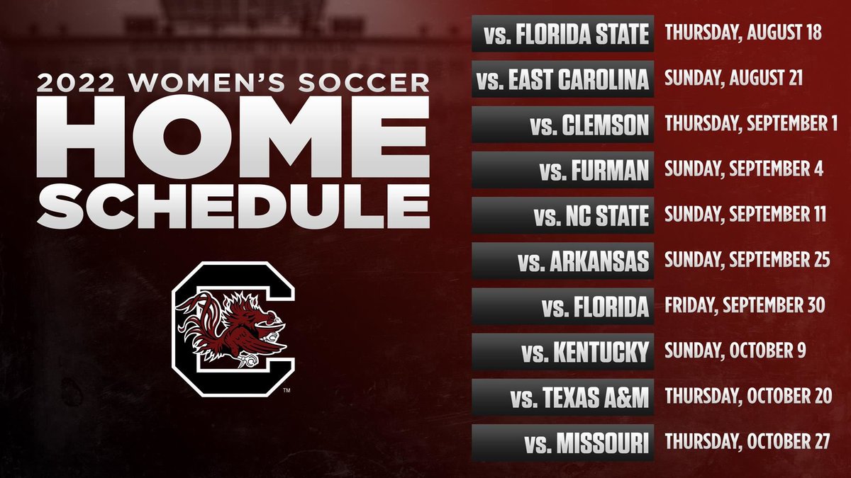 GamecockWSoccer's tweet photo. Mark your calendars! Our 2022 home schedule is here.

📝: https://t.co/YIV0ZuaO8T

#Gamecocks 🤙 https://t.co/QUKJrR3gNf