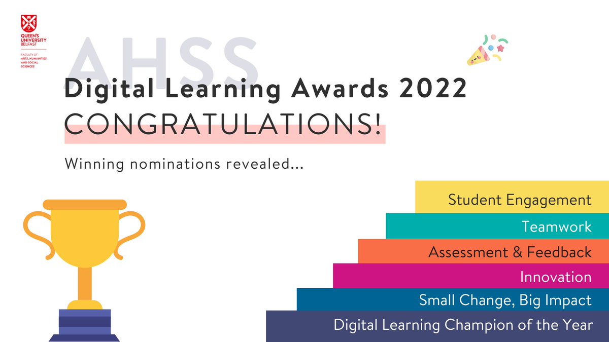 LauraFarling7's tweet photo. CONGRATULATIONS🎉Karen McLaughlin=Small Change,Big Impact, Jennifer Roberts=Assessment&amp;Feedback, Lauren Dempster&amp;Richard Summerville, LawPod=Innovation, AHSS Student Digital Champions=Teamwork, Clare Patton=Student Engagement, Rowan Fitton=Digital Learning Champion 2022 #lovequb https://t.co/lDCkQes9Jo