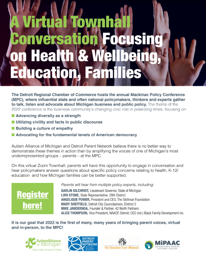 Join us in bringing Parent Voices to the Mackinac Policy Conference with our PARENTS ON POLICY virtual Townhall This THURS, June 2nd <a href="/1/">1</a>:45pm. Register Here: eventbrite.com/e/bringing-par…