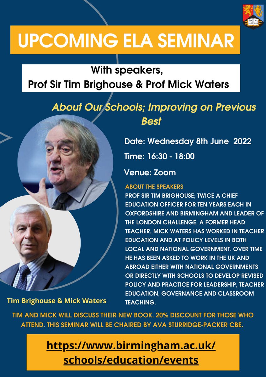 🛎🥁⭐️⭐️⭐️⭐️⭐️ You’re all invited to meet legends Tim Brighouse and Mick Waters at our next ELA seminar where they will be talking about their new book. One not to be missed. <a href="/ela_uob/">Education Leadership Academy</a> <a href="/CoSS_Birmingham/">College of Social Sciences</a> Here’s the link ➡️ eventbrite.co.uk/e/ela-seminar-…