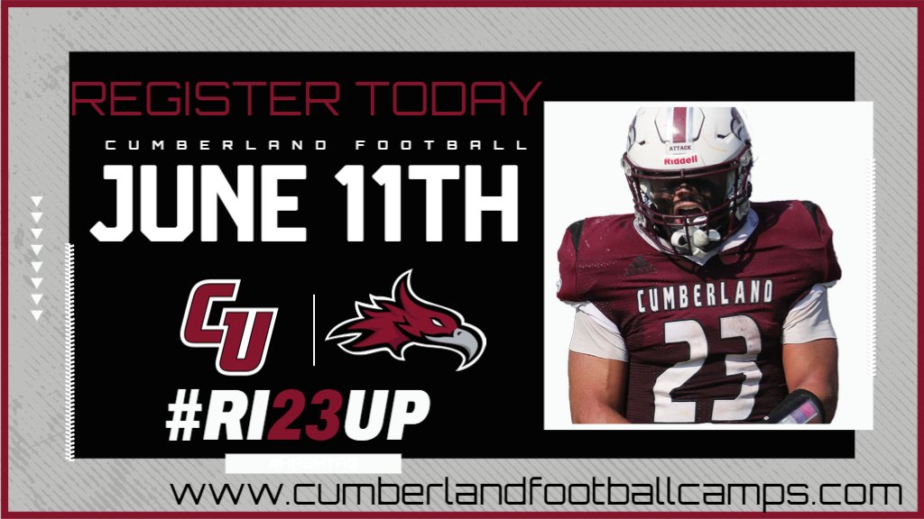 CumberlandFB's tweet photo. June 11th - Cumberland University Football Camp
https://t.co/ZMVpzyS3ZS
We can't wait to see you next week here in Lebanon!
Class of 2023-26 come check out our program and ball out in front of our staff.
#RI23UP #WERCU #CampSeason #RecruitingTN https://t.co/DwwRWJGgk3