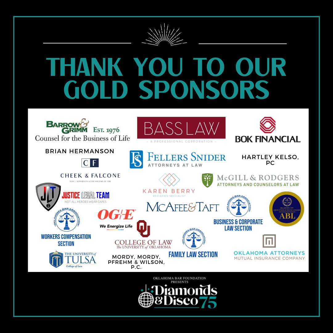 OKBarFoundation's tweet photo. Our #DiamondsAndDisco event is only THREE days away! Thank you to our Gold Sponsors! https://t.co/8cSGMfxUg8