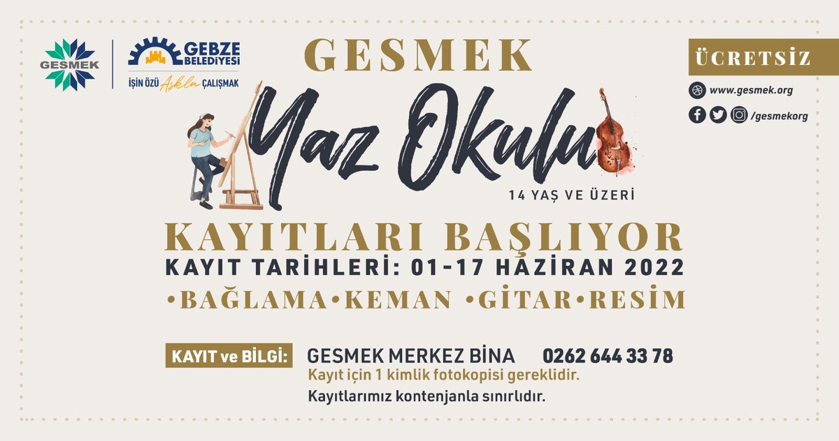 gesmekorg's tweet photo. 🎸GESMEK yaz okulu kayıtlarımız başlıyor .🎉

❗14 yaş ve üstü

📅 01 Haziran -17 Haziran

Bilgi için: 0262 644 33 78

#İşinÖzüAşklaÇalışmak https://t.co/WT7ZOguFjt