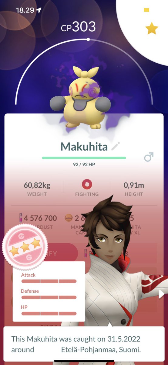 Suvizfin's tweet image. Shadow 100% Makuhita 💯 My third shadow hundo 💯💯💯 #PokemonGO #Hundo #Shadowhundo