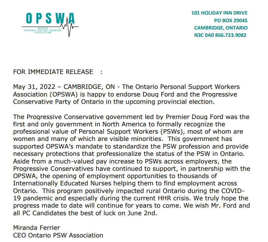 "The <a href="/OntarioPCParty/">Ontario PC Party</a> government led by Premier <a href="/fordnation/">Doug Ford</a> was the first and only government in North America to formally recognize the professional value of Personal Support Workers (PSWs)"

Thank you to the Ontario Personal Support Workers Association for the endorsement!