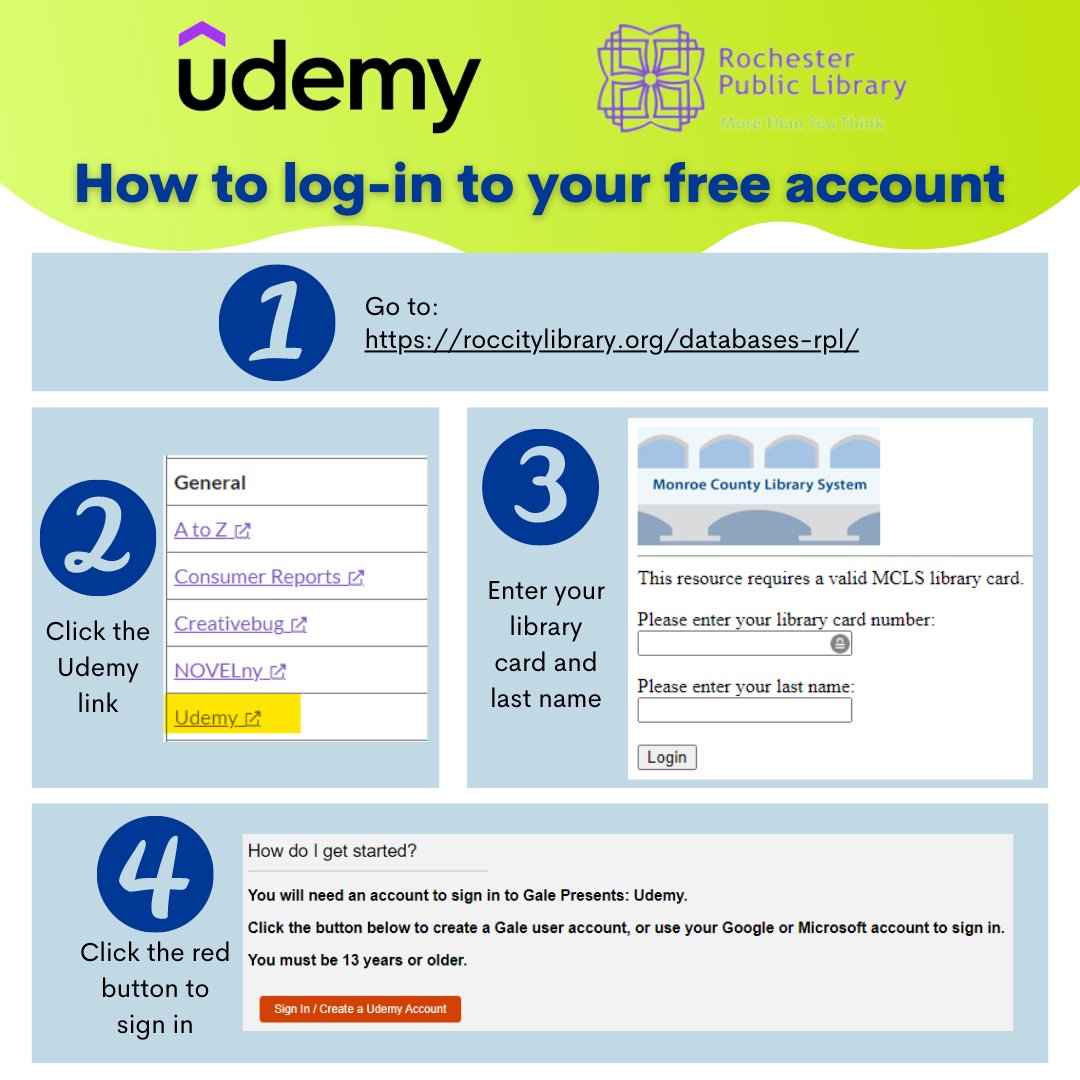 InnovationROC's tweet photo. Our team was super excited to learn Rochester residents can access @udemy for free with their @MCLS library card! 

Check out our graphics on signing in through https://t.co/x6ueIpn9me

What are your favorite udemy courses? What should we take next? 

#ROC #library #edu #free https://t.co/YQe2JkFbyO