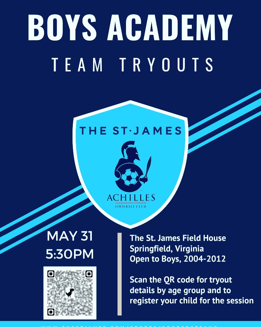 Open tryouts begin this evening for a new Boys Academy program formed together by @Achilles_fc and <a href="/TheStJames/">The St. James</a> Rising U11 through U19 teams will be formed through tryouts and ID sessions. Visit thestjames.com for more details. Questions: soccer@thestjames.com