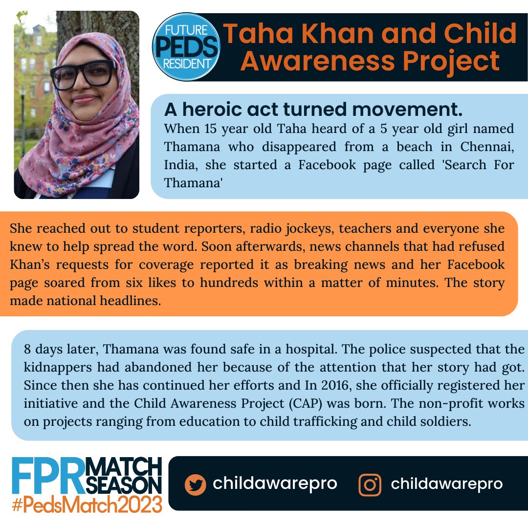 FuturePedsRes's tweet photo. Today's #FuturePedsColleagues series we have Taha Khan, a 2nd year pediatric neurology resident at Boston Children's Hospital. She is also the creator of the Child Awareness Project, read more about how she started this program!  @TypicallyTaha @ChildAwarePro

#PedsMatch2023 https://t.co/N54bD3bNKp