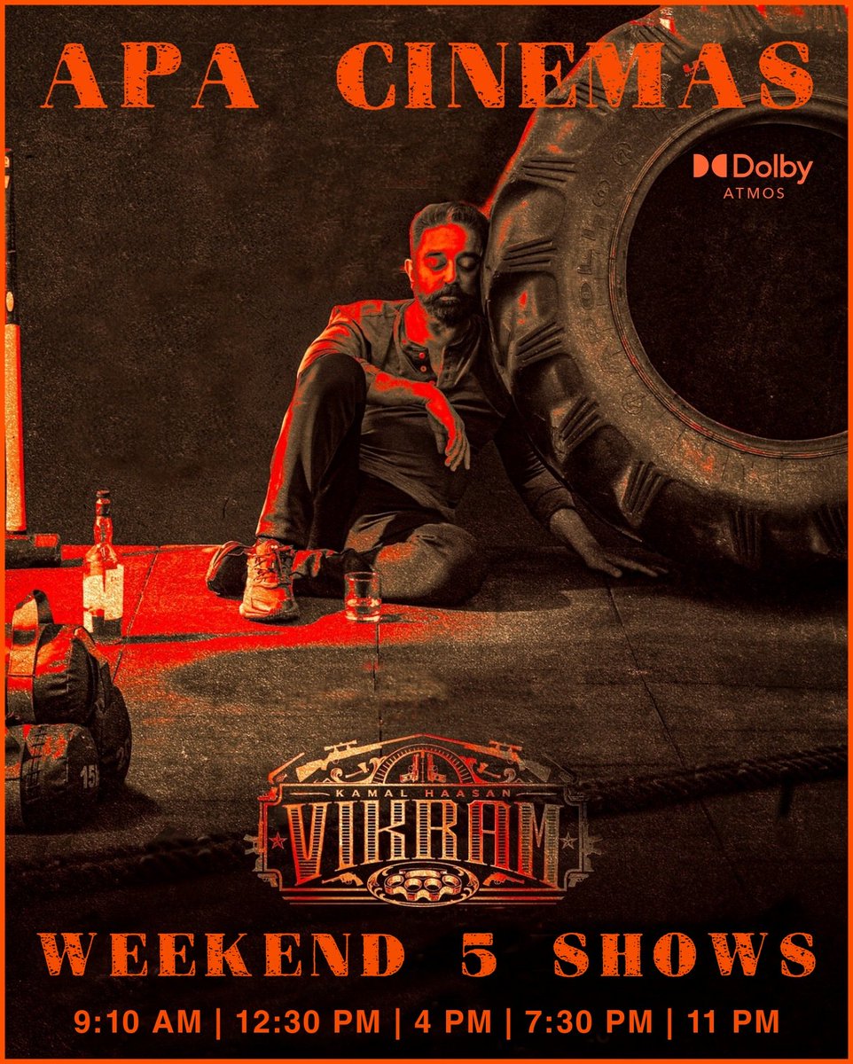 APA_Cinemas_KKD's tweet photo. #Vikram weekend bookings have commenced with #5Shows at your #APACinemas #DolbyAtmos64Channel #7WaySoundSystem
#ShowTimings - 9:10 AM | 12:30 PM | 4 PM | 7:30 PM | 11 PM
@ikamalhaasan @VijaySethuOffl @RedGiantMovies_ @anirudhofficial @Dir_Lokesh @siddhu_viva #FahadhFaasil https://t.co/yimNLrSHqV