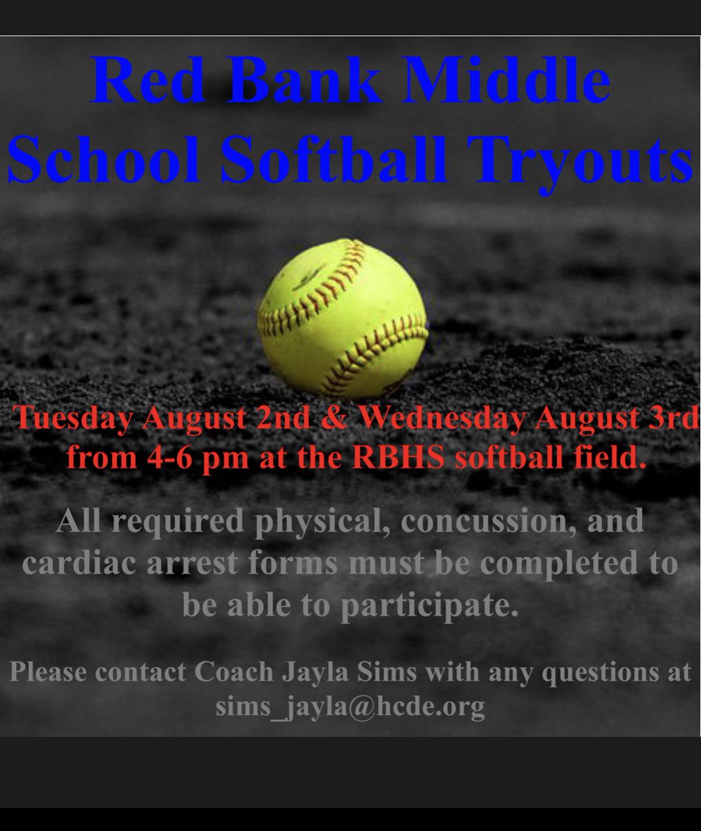 LionsRbms's tweet photo. Save the date &amp; start conditioning now:

Coach Jayla Sims will be holding 🥎 tryouts August 2nd &amp; 3rd at the @rbhs_lions Softball Field ! 

Bring the paperwork from your physical &amp; all signed waivers with you. #redbankmiddleschool is on the brink of a great Softball season! https://t.co/LiDyx8Q1eK