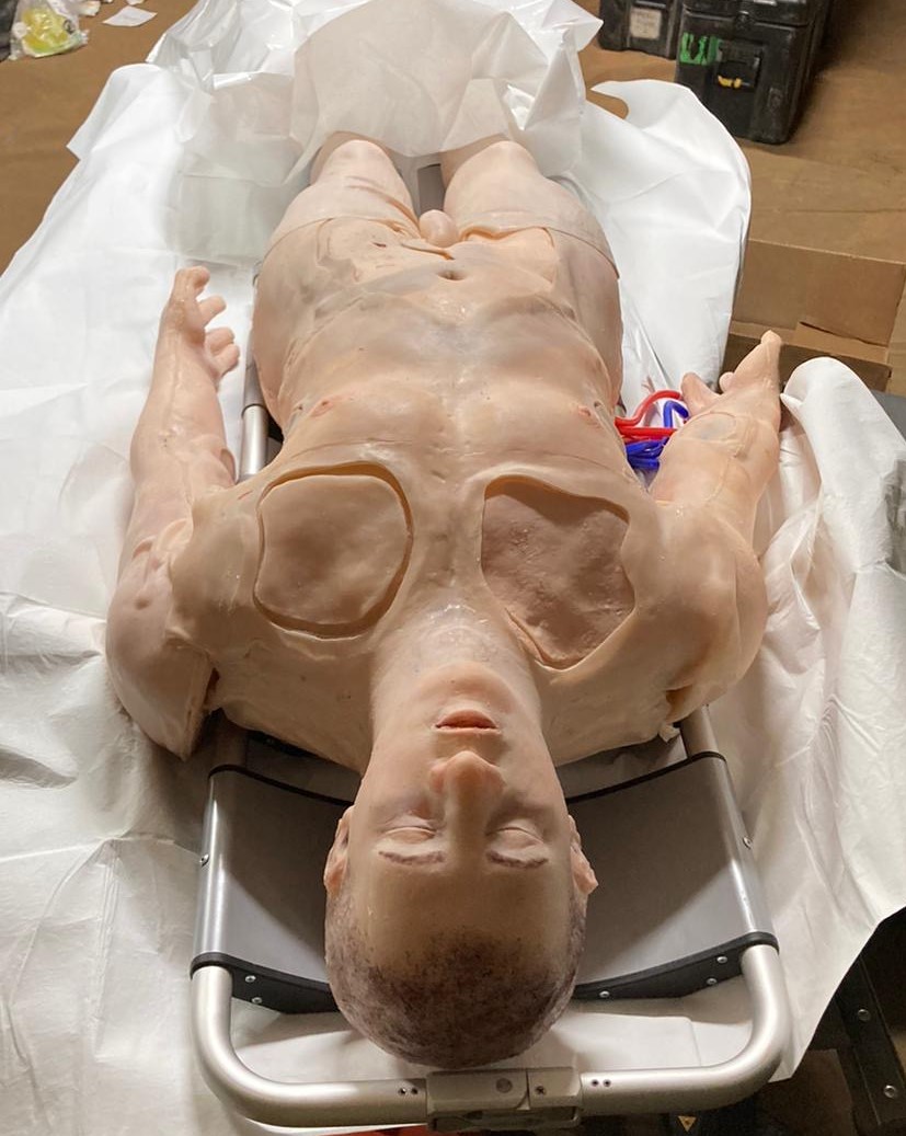 Mk III SAM Damage Control Surgery model - can be intubated &amp; ventilated. Modular inserts for IV access (humerus IO, AC fossa &amp; subclavian), thoracostomies, junctional haemorrhage control (groin &amp; shoulder), pelvic packing, fasciotomy (leg) and escharotomy (arm).
Contact us!