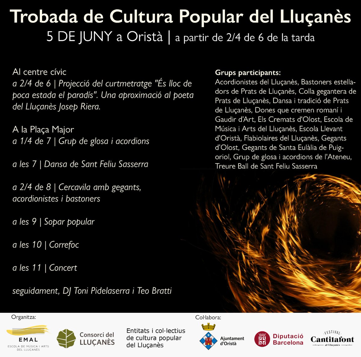 Aquest Diumenge a Oristà, trobada de cultura popular del #Lluçanès!

Visca la terra, visca la cultura, visca el Lluçanès ben viu

Ens hi veiem!✊