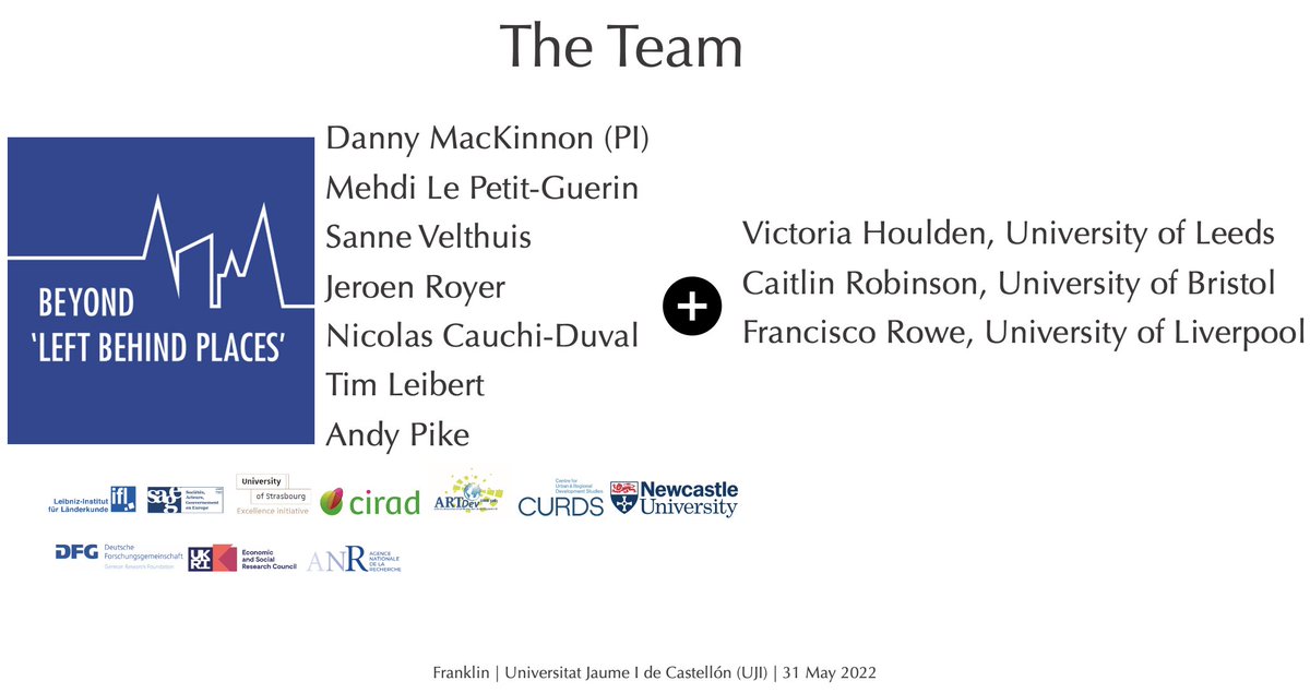 This talk rests on a massive team effort that is our @ESRC @PeripheralPlace project—bringing together a group from the UK, France & Germany. Plus I've got results from recent work with @vikkimaps @CaitHRobin @Fcorowe on 'left behind' neighbourhoods in England. A veritable feast!!