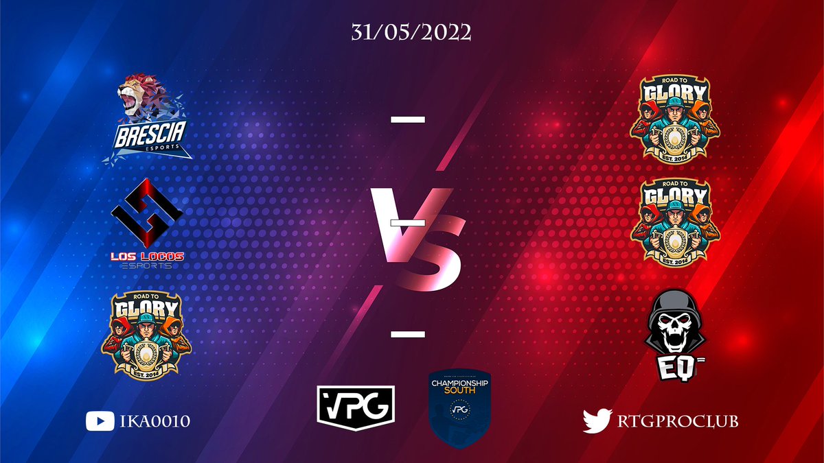 Esports Cup PS4 + Matchdays 2⃣2⃣ &amp; 2⃣3⃣ will be played in the <a href="/OfficialVPG/">Virtual Pro Gaming</a> <a href="/VPGEurope/">Virtual Pro Gaming | Europe</a> today (31/05/2022)❗️

🏆VPG Esports Cup
🆚@BSe_ProClubPS 
⏰8:30pm UK  (10:30pm GMT+3)

🏆Championship South
🆚@LosLocosEsport 
⏰8:45pm UK  (10:45pm GMT+3)
🆚<a href="/The__Equalizers/">Equalizers</a> 
⏰9:15pm UK