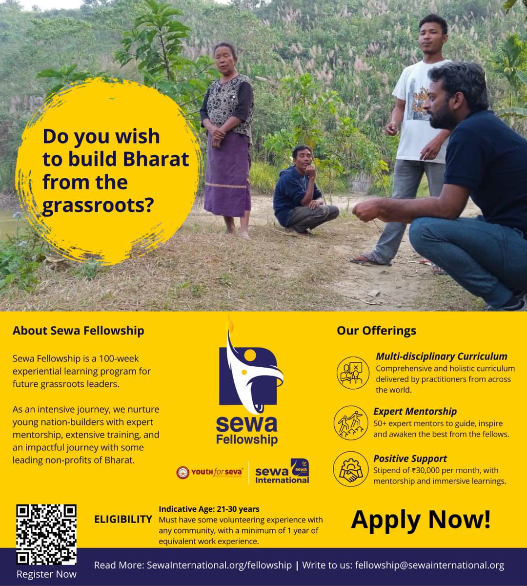yfs_official's tweet photo. Launching #SewaFellowship!

As a 100-week full-time, experiential learning program for future grassroots leaders, we nurture young nation-builders with expert mentorship and extensive training.

The program provides financial support....

1/2

Contd https://t.co/bPwtm17Ma5