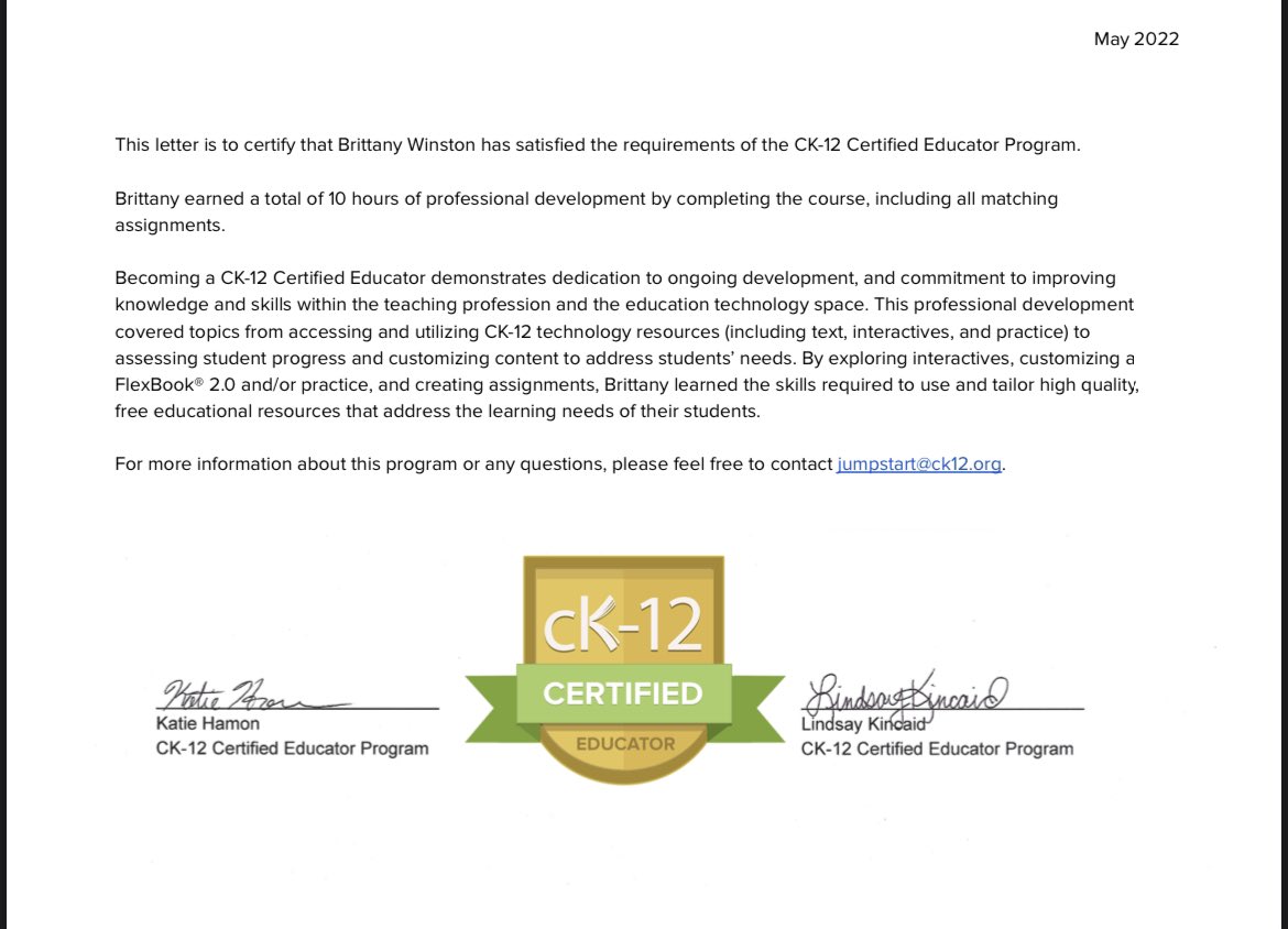 Mrs. Winston (@mrs_bwinston) on Twitter photo I have officially completed all of the requirements of the CK-12 Certified Educator Program. Thank you <a href="/udmartin/">Dr. Ursula Martin</a> for exposing me to this amazing resource! <a href="/CK12Foundation/">CK-12 Foundation</a> #LearningLeading #CK12Certified #Educator #EmpowerMCPSS I have officially completed all of the requirements of the CK-12 Certified Educator Program. Thank you <a href="/udmartin/">Dr. Ursula Martin</a> for exposing me to this amazing resource! <a href="/CK12Foundation/">CK-12 Foundation</a> #LearningLeading #CK12Certified #Educator #EmpowerMCPSS