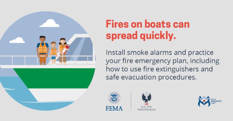 Boat fires spread FAST! Be prepared. Install smoke alarms and practice your fire emergency plan, including how to use fire extinguishers and safe evacuation procedures. #BoatFireSafety #FireSafetyTips #BeSafe