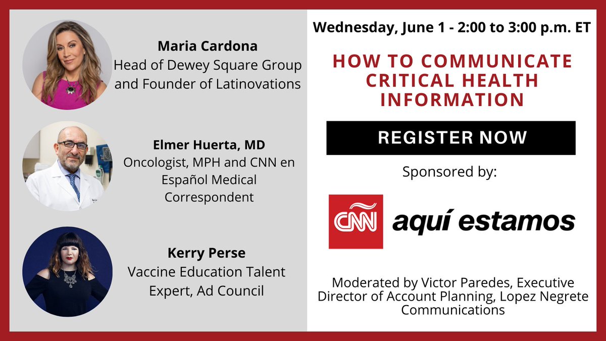KerryPerse's tweet photo. Excited to share the virtual stage with @MariaTCardona, @drhuerta and @paredes6699 on 6/1 to discuss how to use #influencers and #trustedmessengers to help communicate critical health information. Get registered:  https://t.co/szOolVvH1L https://t.co/7SiV59i9Yw