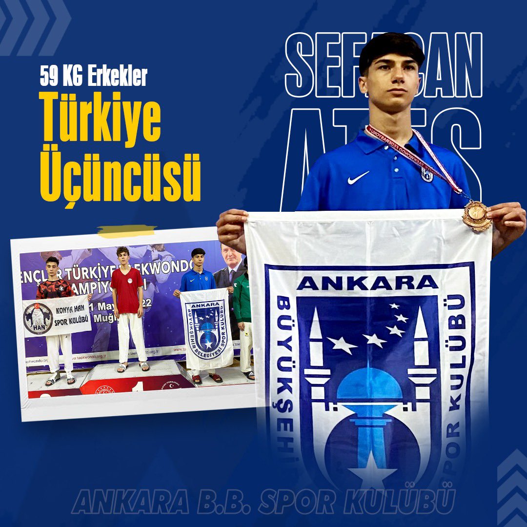 AnkaraBBSK's tweet photo. Muğla’da yapılan Gençler Türkiye Taekwondo Şampiyonası’nda sporcularımızdan Sefacan Ateş 59 KG Erkeklerde Türkiye Üçüncüsü oldu.

Sporcumuzu tebrik eder, başarılarının devamını dileriz.

@mansuryavas06 @cevdettoptas @atak06mehmet @Nihat_Demir29 @alihsanegiz https://t.co/qUDZtFE0lJ