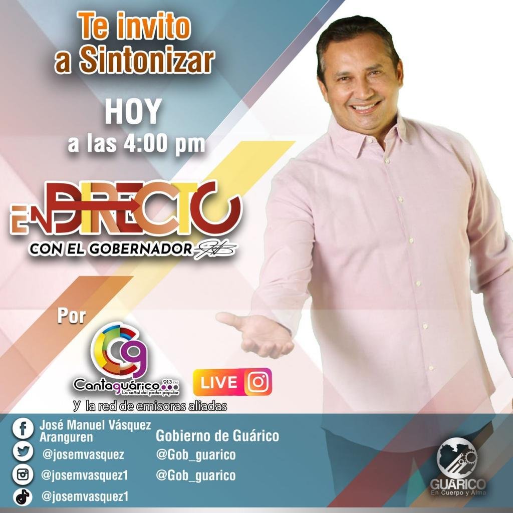 🔰 ¡HOY A LAS 4 PM!  🗣️ SINTONIZA el programa En Directo con el Gobernador, dónde el primer mandatario regional estará en contacto con todas y todos los guariqueños.

Utiliza en todas las publicaciones la etiqueta
#ConElPuebloVamosPaLante

#Guárico
#VenAppEnMarcha
