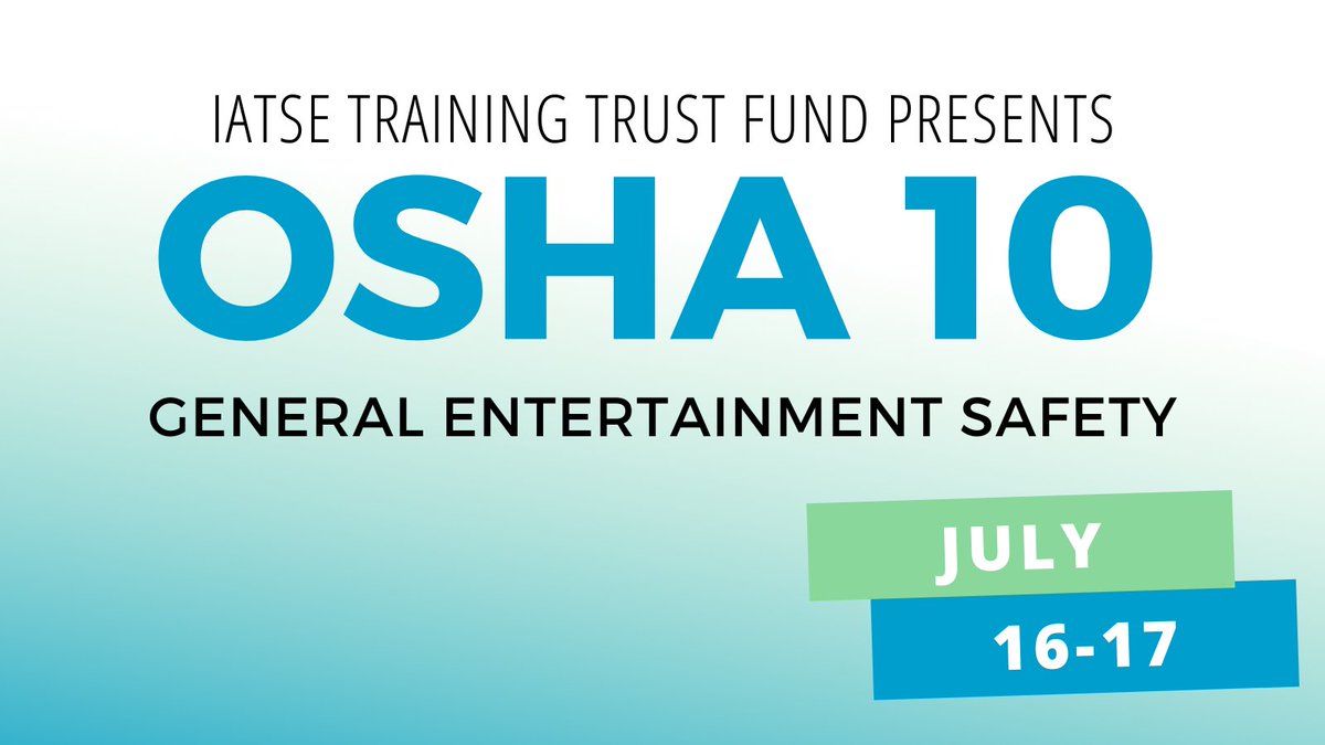 Apply for our July 16-17 OSHA 10 class to brush up on OSHA policies &amp; standards and learn how they apply to the Entertainment Industry. This course is worth 10 points towards your ETCP renewal credits, and you'll receive your OSHA 10 completion card. iatsetrainingtrust.org/calendar/2022/…