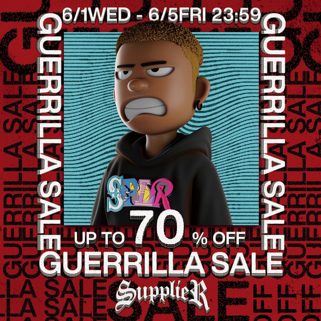 supplier_jp's tweet photo. 2022.06.01 (WED) - 06.05 (SUN)
GUERRILLA SALE
UP TO 70%OFF

期間中¥30,000(税抜)以上のご購入で非売品SUPPLIER KEY CHAINをプレゼント🎁

🛒https://t.co/xvqV8FQqai https://t.co/v2fqwTGobU