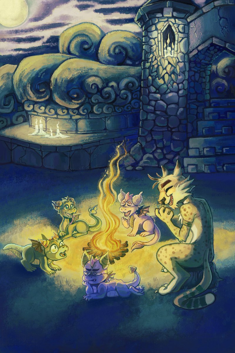 Teafauna's tweet photo. Yet another old zine piece redo, this one took a while but I am happy with the results✨
...What kind of story is Hunter telling them? 🤔
#SpyroTheDragon https://t.co/QlNB5aQuXq